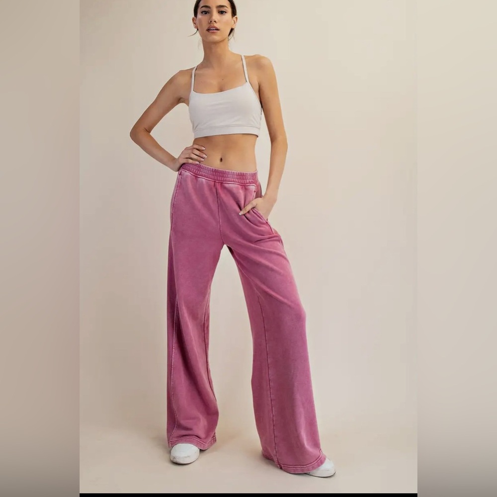 Women's Pink Wide Leg Ribbed Side Pants